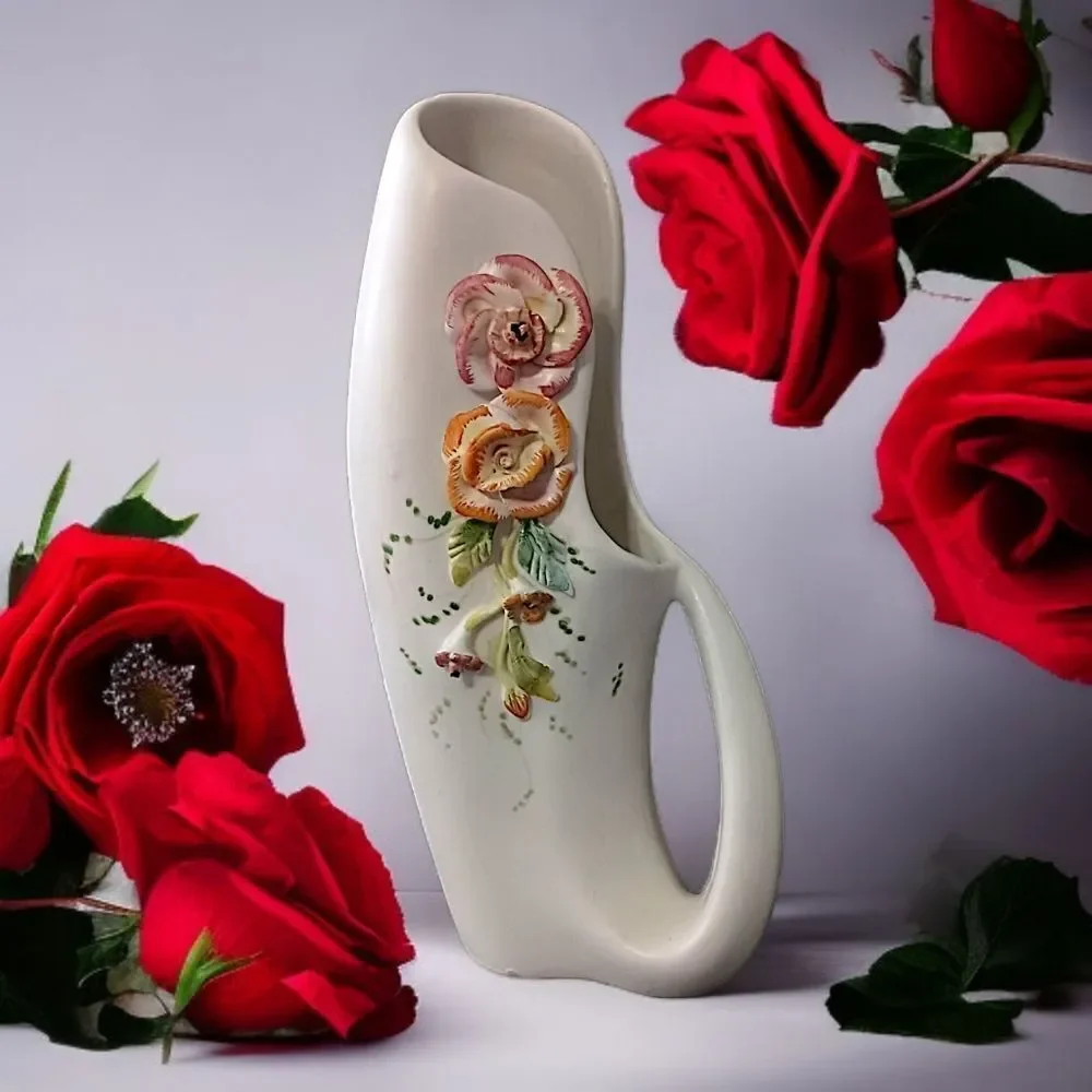 Vtg Applied Flowers Porcelain Vase Pitcher Abstract Handpainted Art Deco Nouveau